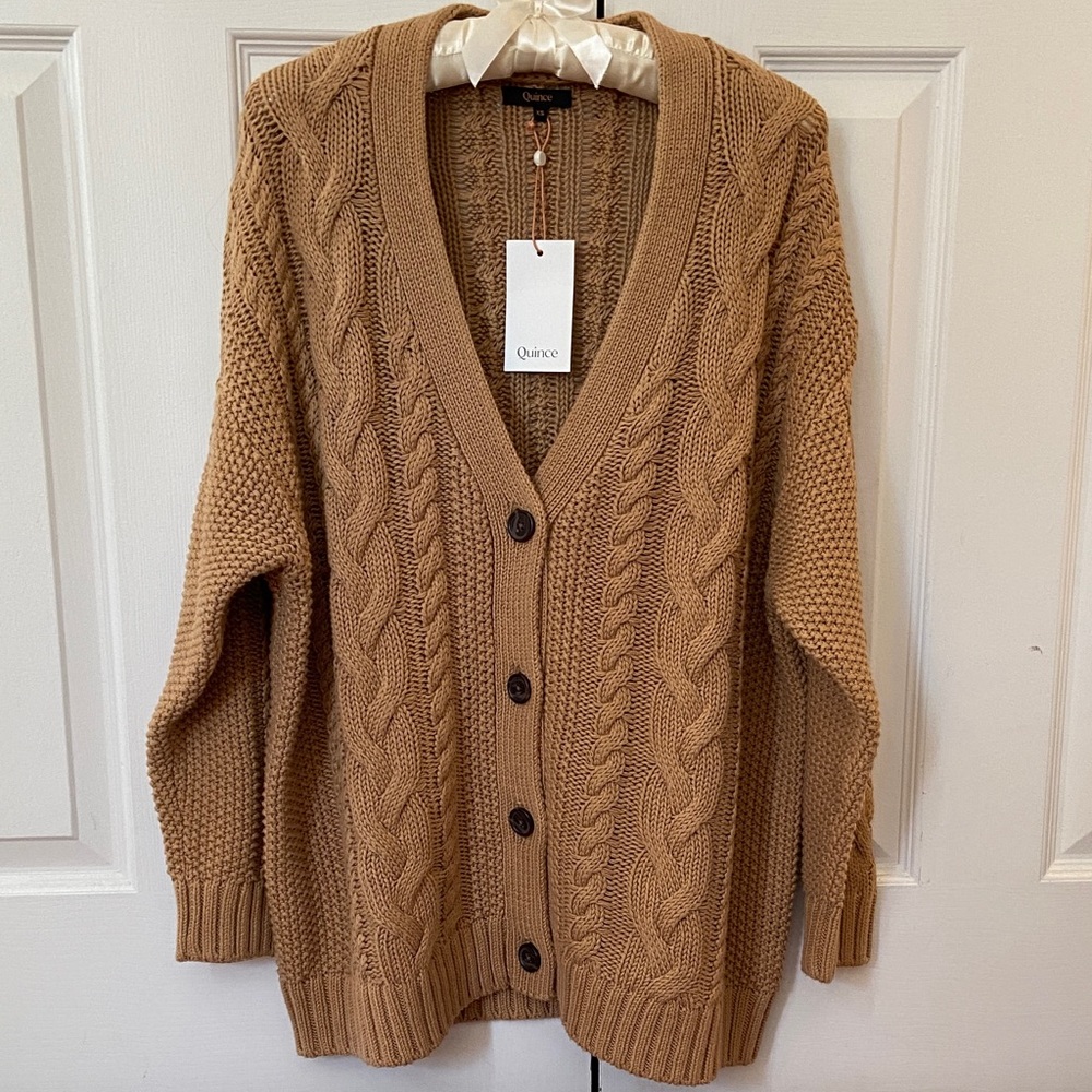 Quince 100% Organic Cotton Oversized Cable Cardigan, Camel (tan), Sz XS, NWT